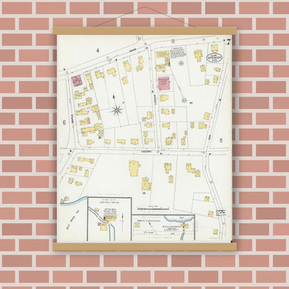 Old map wall art mockup — magnetic wood frame on brick wall — Sanborn Fire Insurance Map from Spencer, Worcester County, Massachusetts (1901), Sheet #0007
