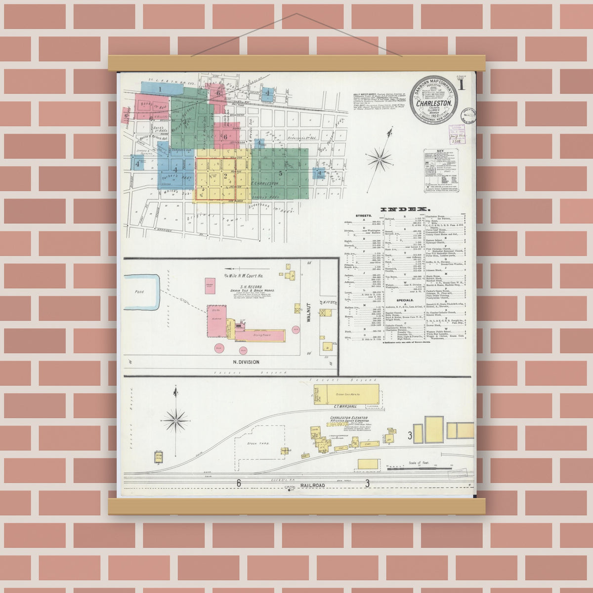 Old map wall art mockup — magnetic wood frame on brick wall — Sanborn Fire Insurance Map from Charleston, Coles County, Illinois (1902) - Complete Map Set