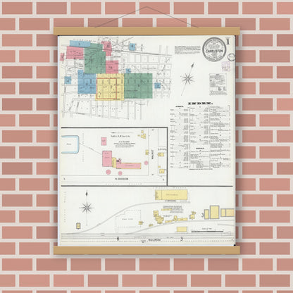 Old map wall art mockup — magnetic wood frame on brick wall — Sanborn Fire Insurance Map from Charleston, Coles County, Illinois (1902) - Complete Map Set