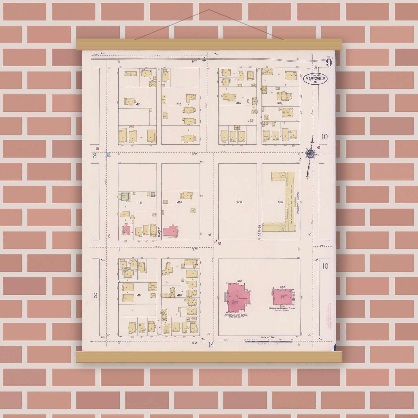 Old map wall art mockup — magnetic wood frame on brick wall — Sanborn Fire Insurance Map from Marysville, Yuba County, California (1921), Sheet #0009