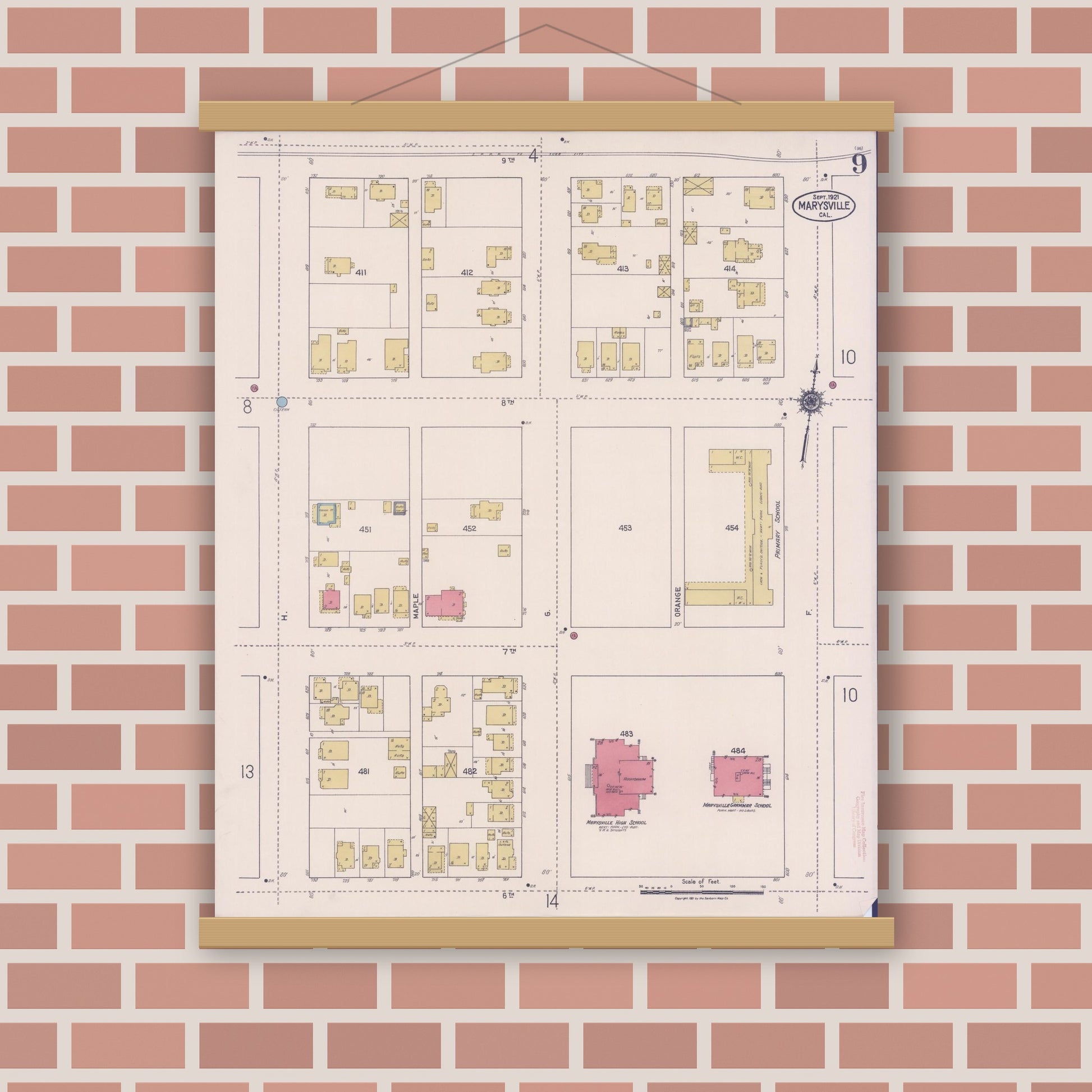 Old map wall art mockup — magnetic wood frame on brick wall — Sanborn Fire Insurance Map from Marysville, Yuba County, California (1921), Sheet #0009
