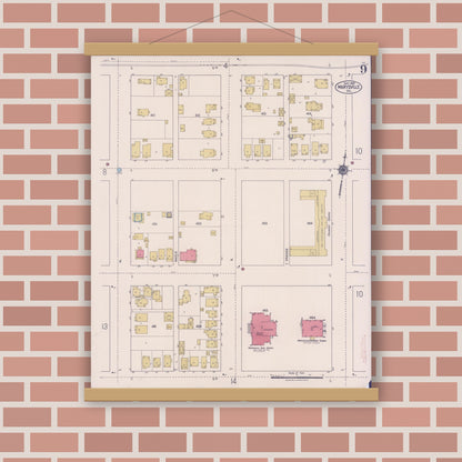 Old map wall art mockup — magnetic wood frame on brick wall — Sanborn Fire Insurance Map from Marysville, Yuba County, California (1921), Sheet #0009