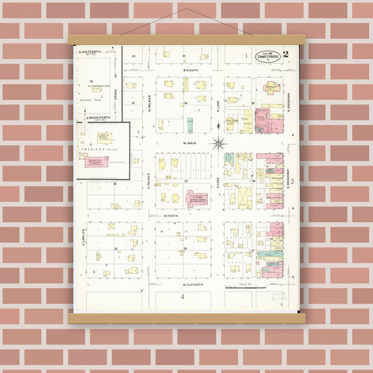 Old map wall art mockup — magnetic wood frame on brick wall — Sanborn Fire Insurance Map from Emmetsburg, Palo Alto County, Iowa (1907), Sheet #0002