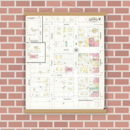Old map wall art mockup — magnetic wood frame on brick wall — Sanborn Fire Insurance Map from Emmetsburg, Palo Alto County, Iowa (1907), Sheet #0002