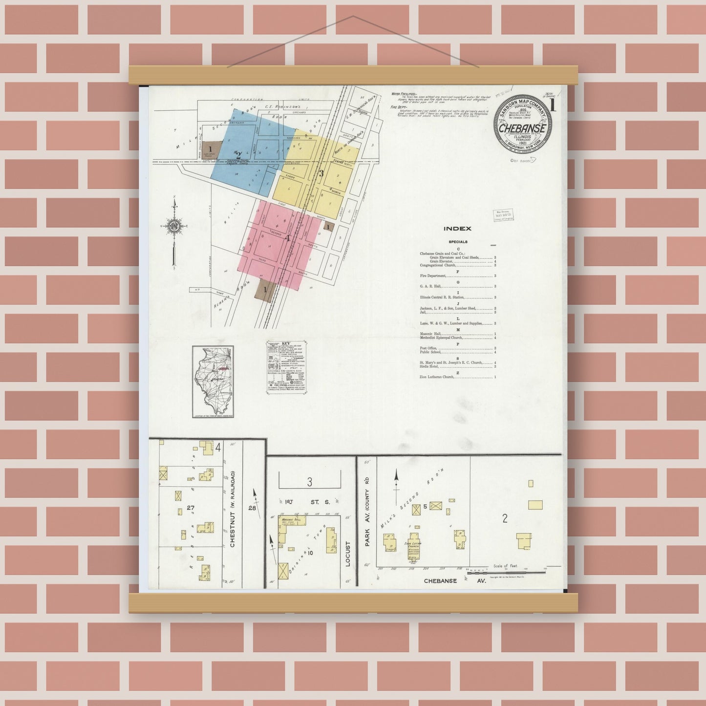 Old map wall art mockup — magnetic wood frame on brick wall — Sanborn Fire Insurance Map from Chebanse, Iroquois And Kankakee County, Illinois (1921) - Complete Map Set