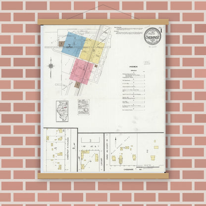 Old map wall art mockup — magnetic wood frame on brick wall — Sanborn Fire Insurance Map from Chebanse, Iroquois And Kankakee County, Illinois (1921) - Complete Map Set