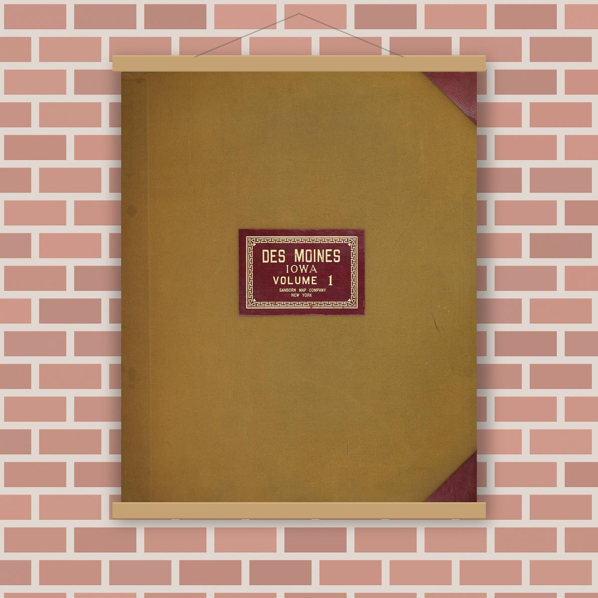 Old map wall art mockup — magnetic wood frame on brick wall — Sanborn Fire Insurance Map from Des Moines, Polk County, Iowa (1950), Sheet #0001