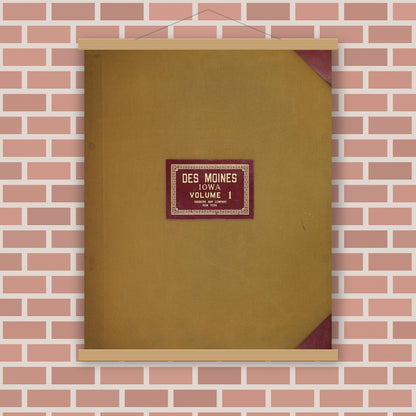 Old map wall art mockup — magnetic wood frame on brick wall — Sanborn Fire Insurance Map from Des Moines, Polk County, Iowa (1950), Sheet #0001
