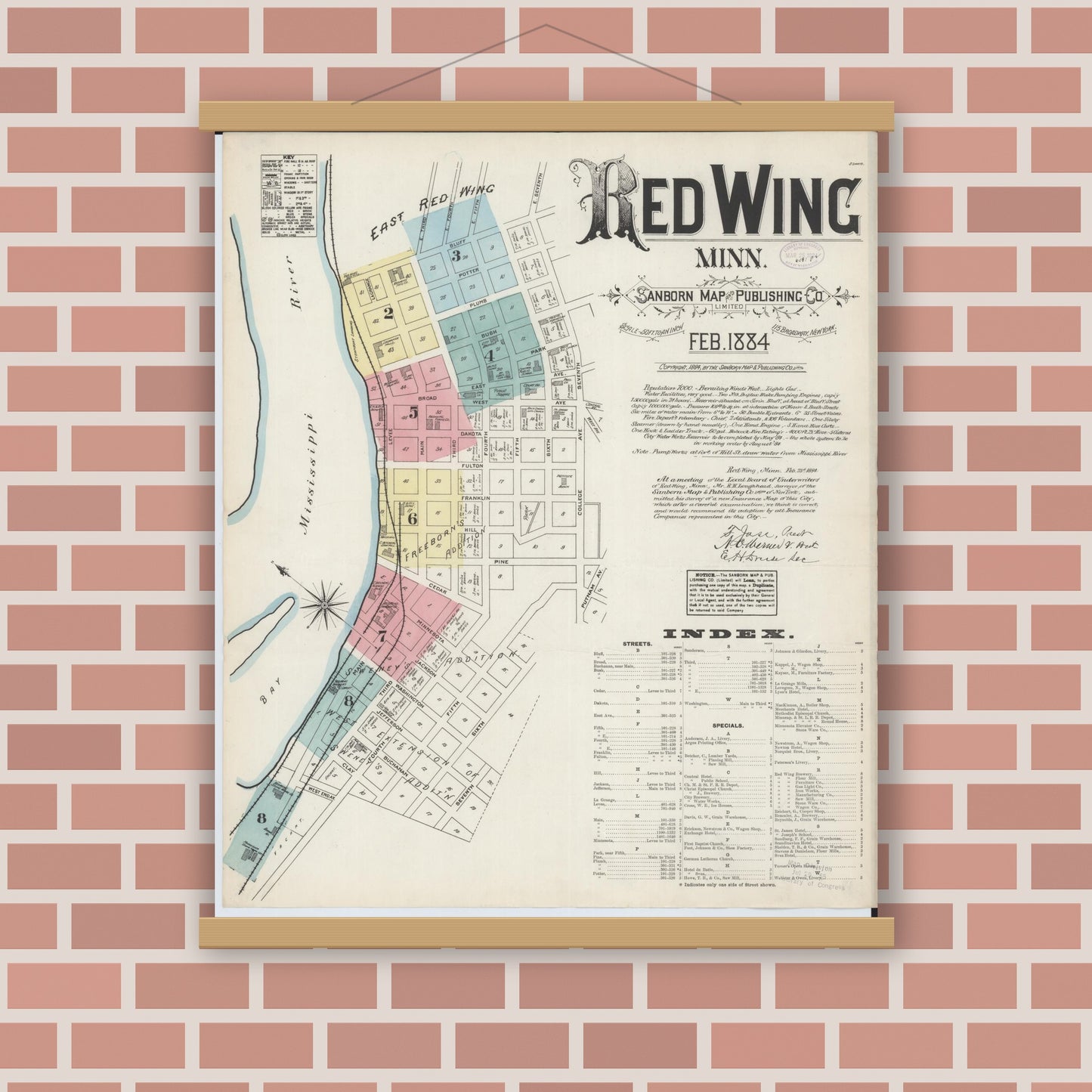 Old map wall art mockup — magnetic wood frame on brick wall — Sanborn Fire Insurance Map from Red Wing, Goodhue County, Minnesota (1884) - Complete Map Set