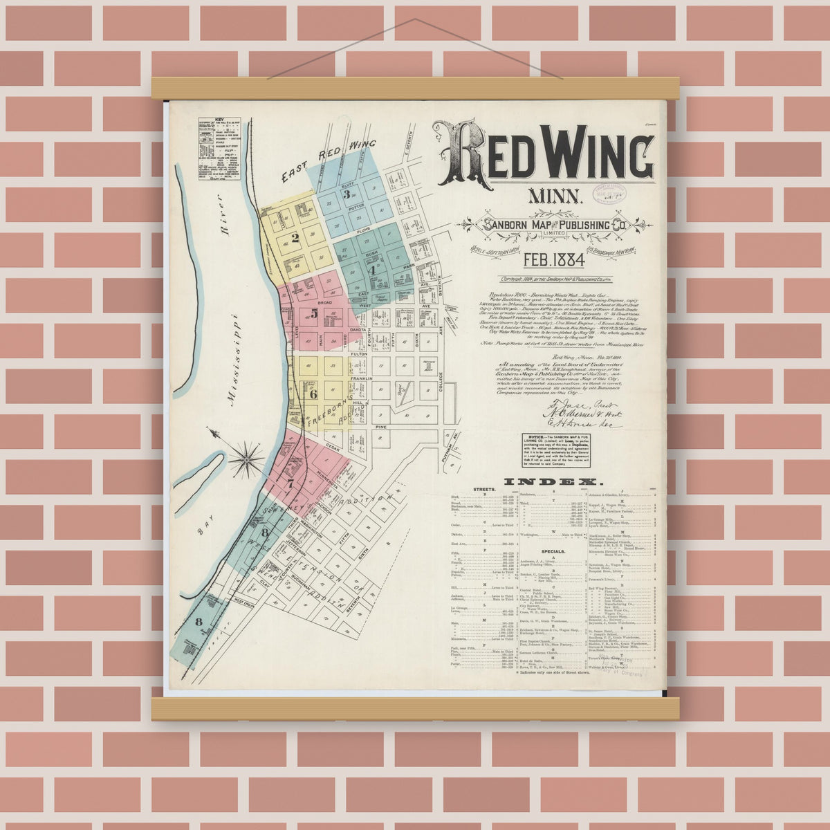 Old map wall art mockup — magnetic wood frame on brick wall — Sanborn Fire Insurance Map from Red Wing, Goodhue County, Minnesota (1884) - Complete Map Set