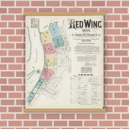 Old map wall art mockup — magnetic wood frame on brick wall — Sanborn Fire Insurance Map from Red Wing, Goodhue County, Minnesota (1884) - Complete Map Set