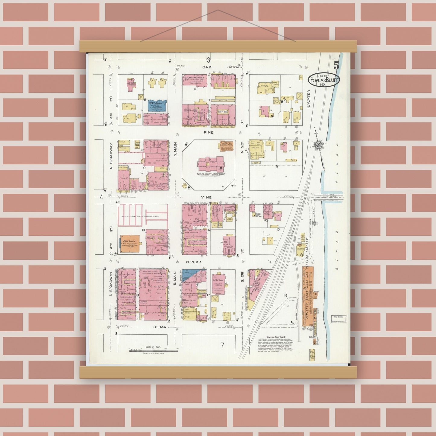 Old map wall art mockup — magnetic wood frame on brick wall — Sanborn Fire Insurance Map from Poplar Bluff, Butler County, Missouri (1917), Sheet #0005