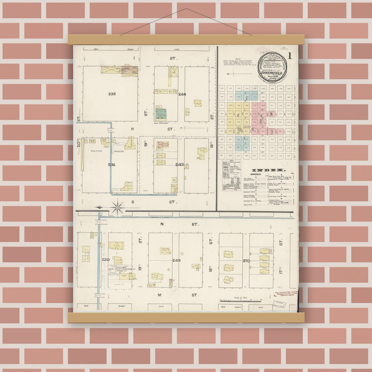 Old map wall art mockup — magnetic wood frame on brick wall — Sanborn Fire Insurance Map from Bakersfield, Kern County, California (1889), Sheet #0001