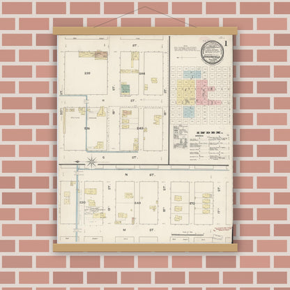 Old map wall art mockup — magnetic wood frame on brick wall — Sanborn Fire Insurance Map from Bakersfield, Kern County, California (1889), Sheet #0001