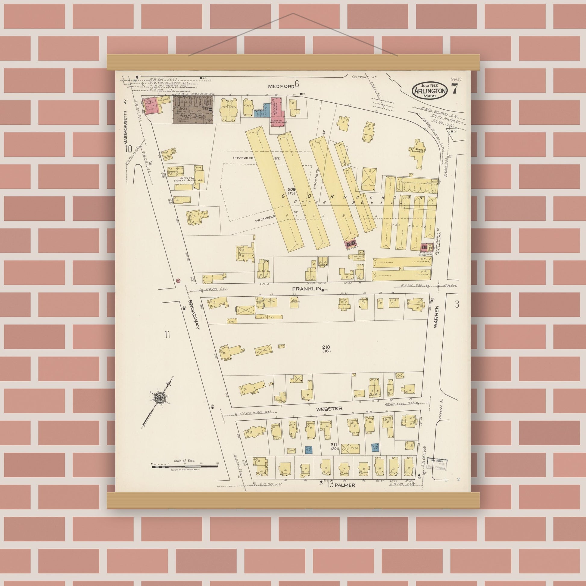 Old map wall art mockup — magnetic wood frame on brick wall — Sanborn Fire Insurance Map from Arlington, Middlesex County, Massachusetts (1922), Sheet #0007