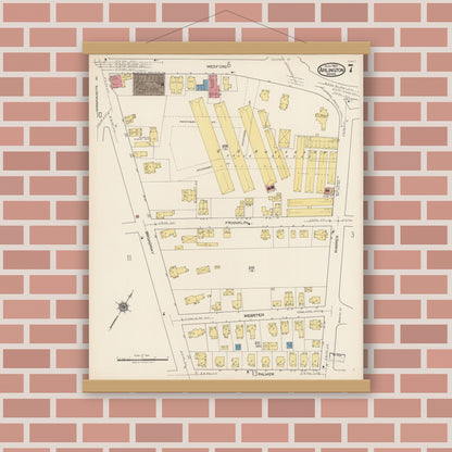 Old map wall art mockup — magnetic wood frame on brick wall — Sanborn Fire Insurance Map from Arlington, Middlesex County, Massachusetts (1922), Sheet #0007