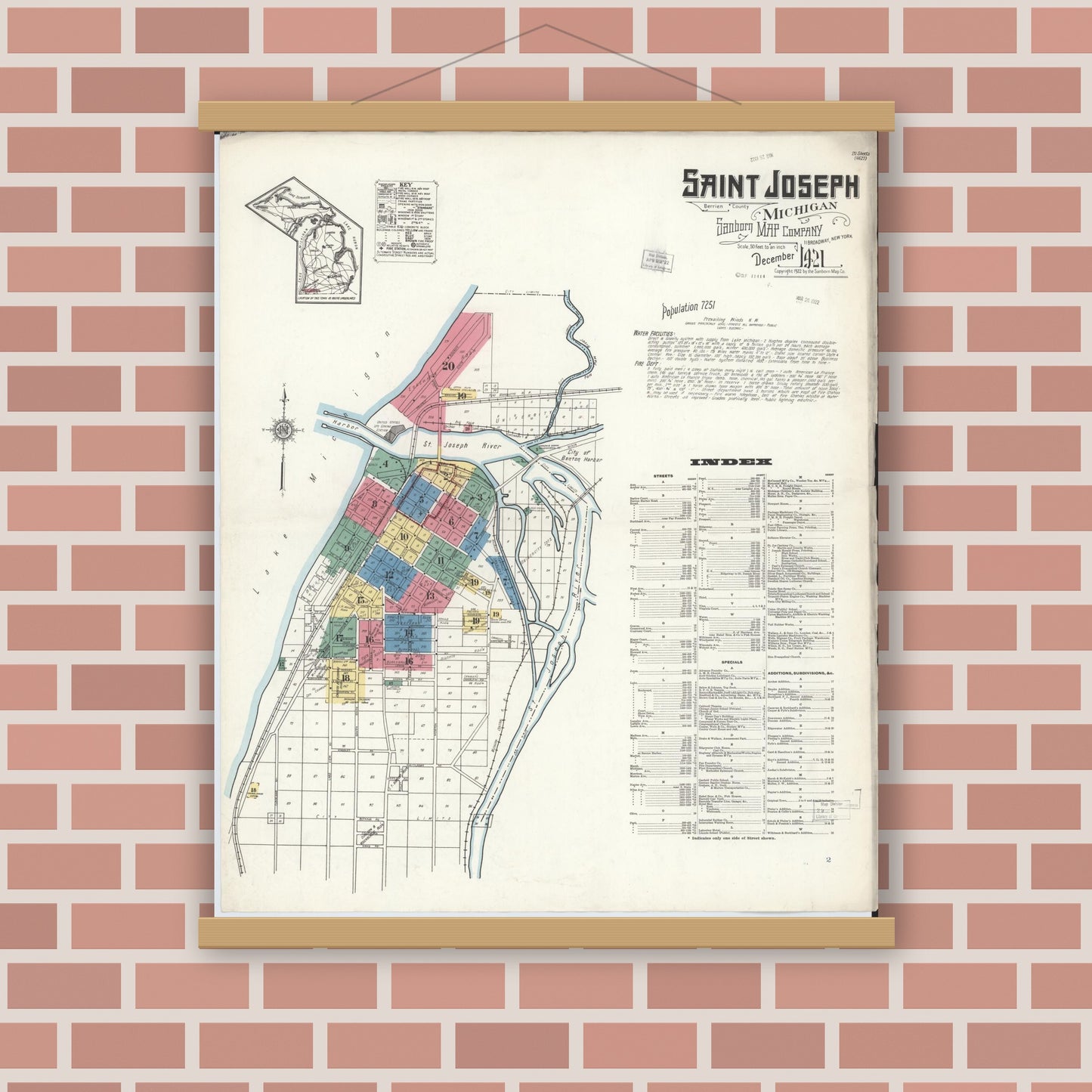 Old map wall art mockup — magnetic wood frame on brick wall — Sanborn Fire Insurance Map from Saint Joseph, Berrien County, Michigan (1921) - Complete Map Set
