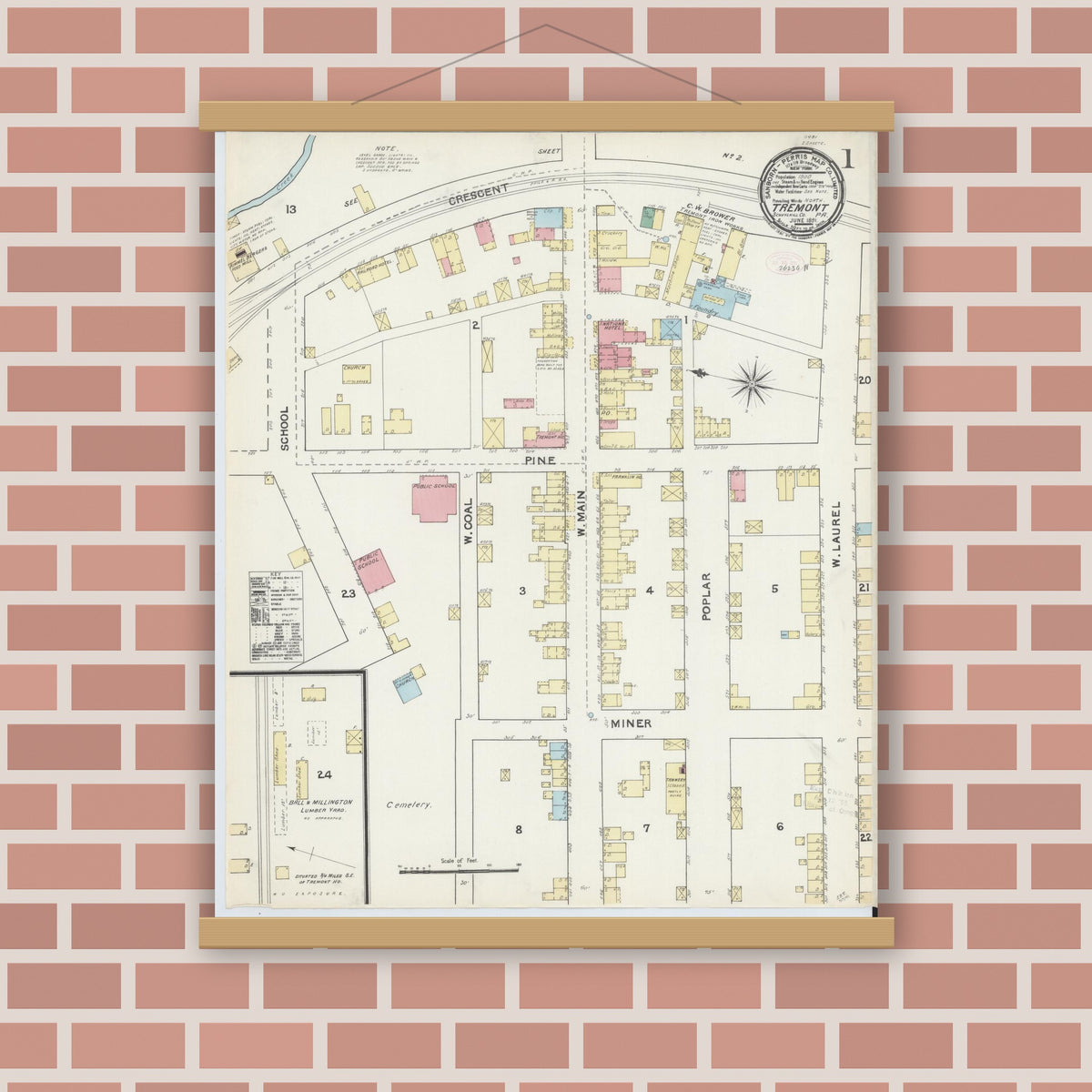 Old map wall art mockup — magnetic wood frame on brick wall — Sanborn Fire Insurance Map from Tremont, Schuylkill County, Pennsylvania (1891), Sheet #0001