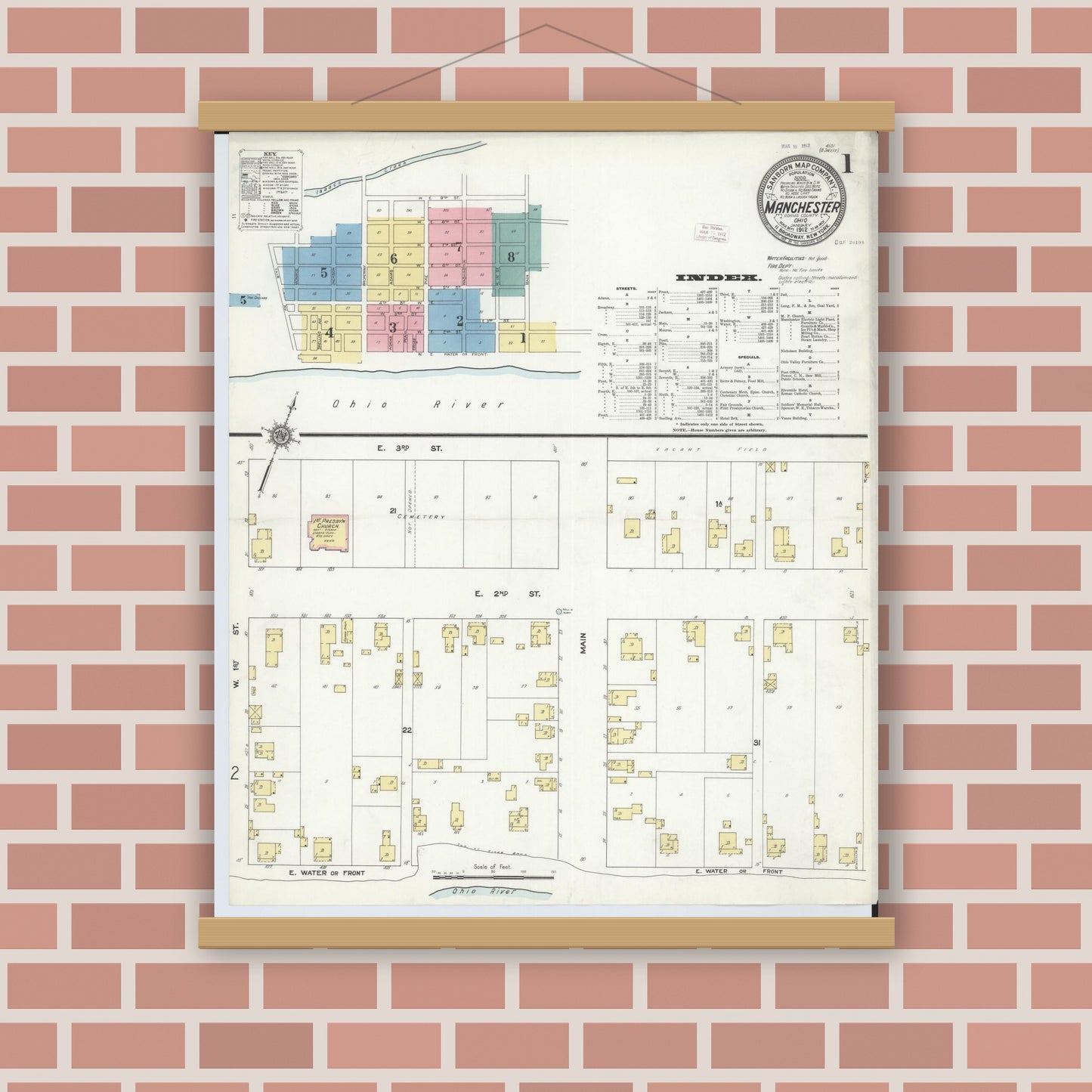 Old map wall art mockup — magnetic wood frame on brick wall — Sanborn Fire Insurance Map from Manchester, Adams County, Ohio (1912), Sheet #0001