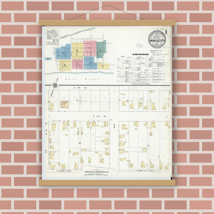 Old map wall art mockup — magnetic wood frame on brick wall — Sanborn Fire Insurance Map from Manchester, Adams County, Ohio (1912), Sheet #0001