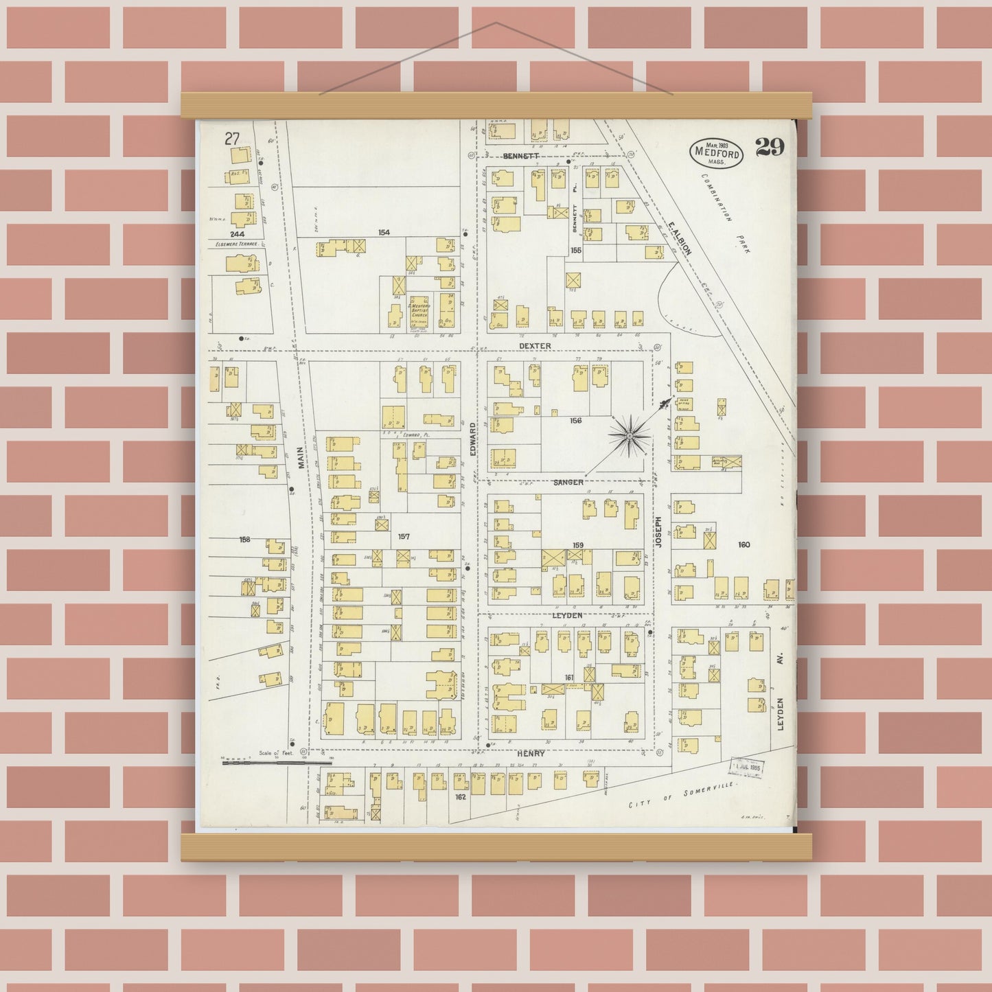 Old map wall art mockup — magnetic wood frame on brick wall — Sanborn Fire Insurance Map from Medford, Middlesex County, Massachusetts (1903), Sheet #0029