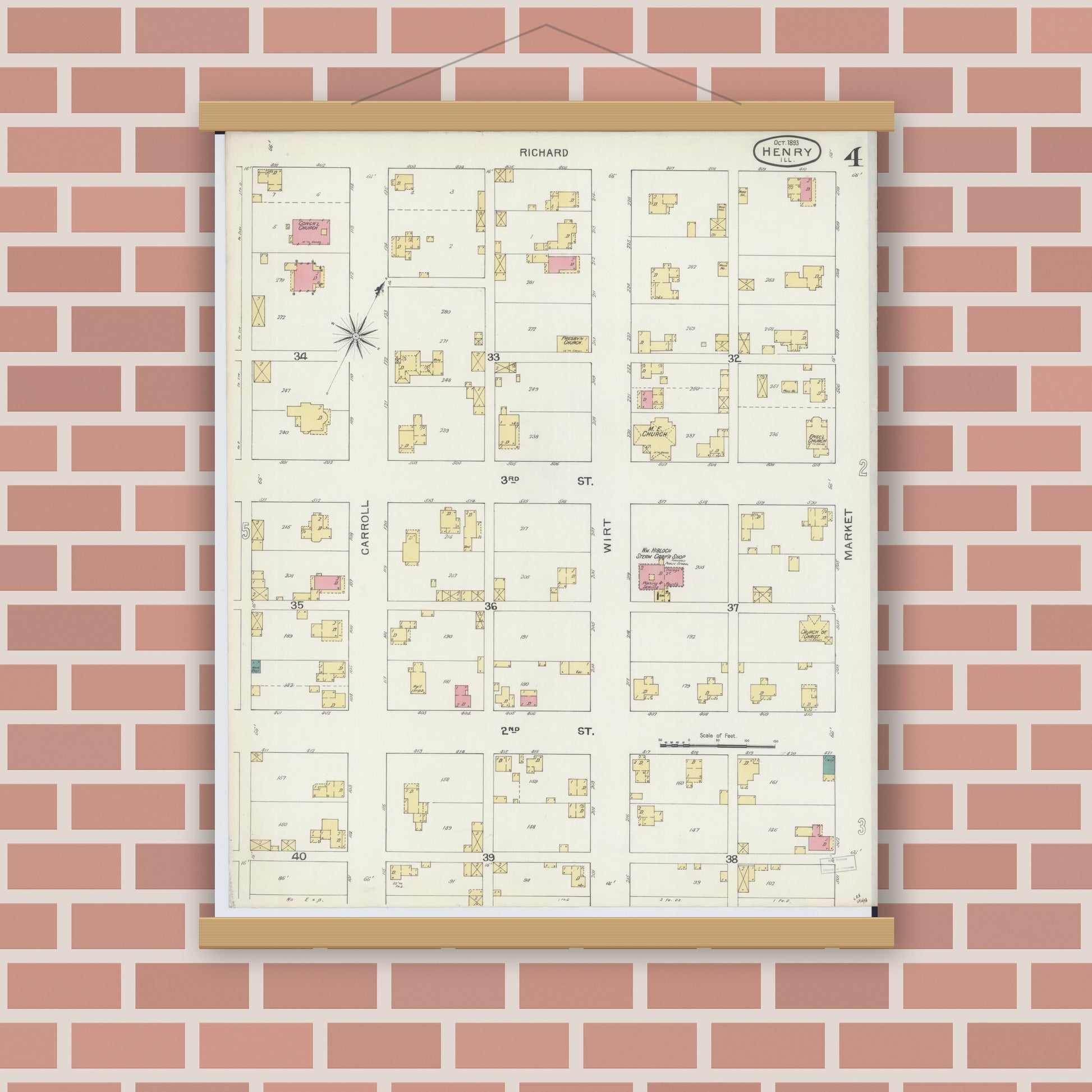 Old map wall art mockup — magnetic wood frame on brick wall — Sanborn Fire Insurance Map from Henry, Marshall County, Illinois (1893), Sheet #0004