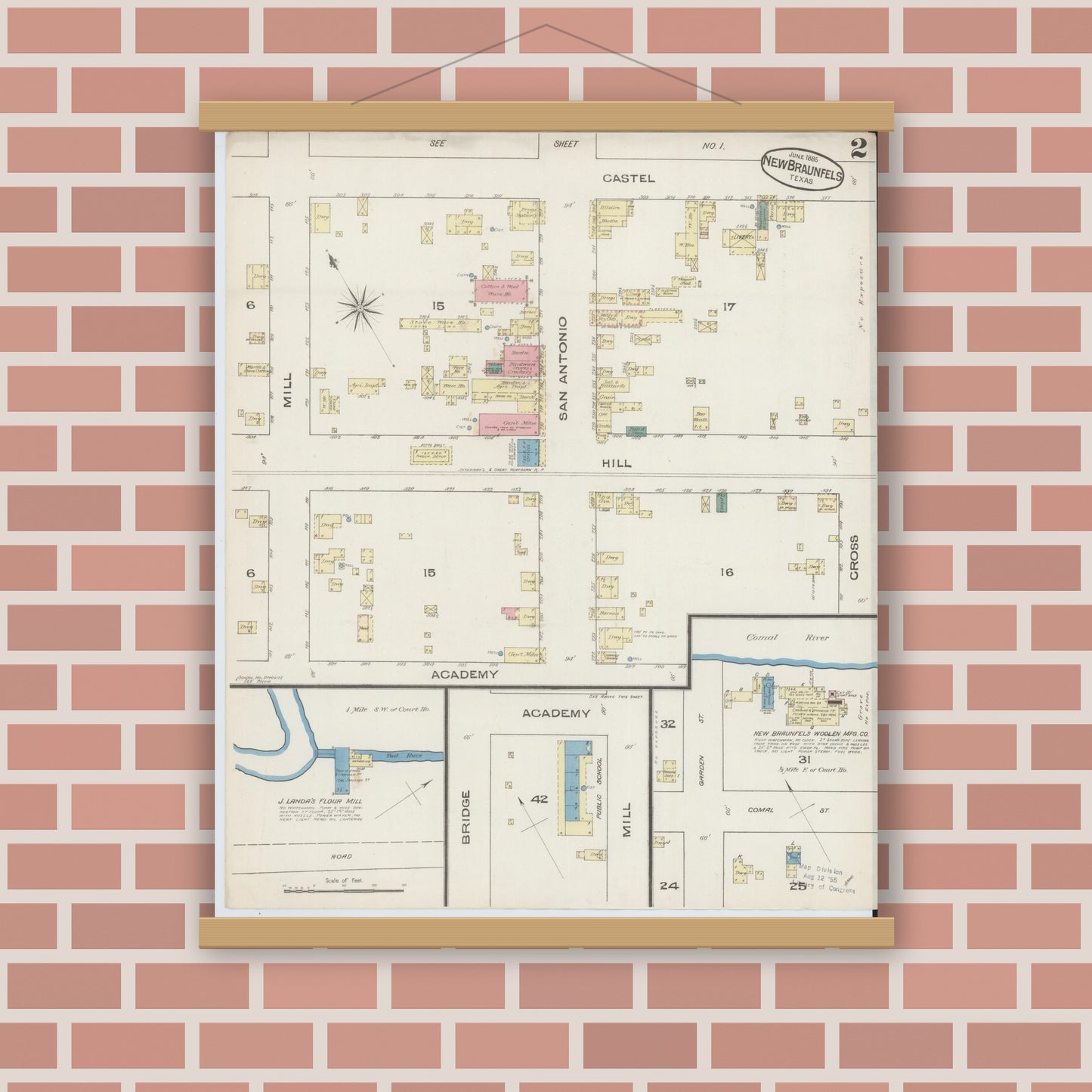 Old map wall art mockup — magnetic wood frame on brick wall — Sanborn Fire Insurance Map from New Braunfels, Comal County, Texas (1885), Sheet #0002