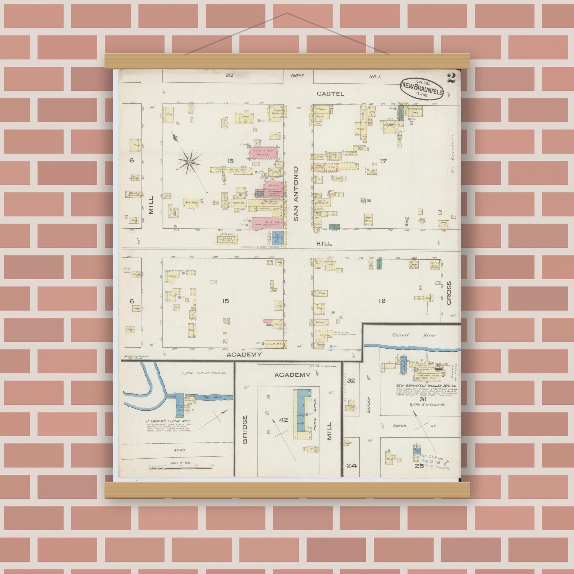 Old map wall art mockup — magnetic wood frame on brick wall — Sanborn Fire Insurance Map from New Braunfels, Comal County, Texas (1885), Sheet #0002