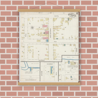 Old map wall art mockup — magnetic wood frame on brick wall — Sanborn Fire Insurance Map from New Braunfels, Comal County, Texas (1885), Sheet #0002