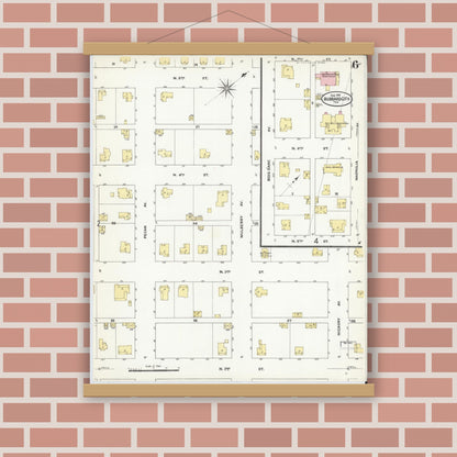 Old map wall art mockup — magnetic wood frame on brick wall — Sanborn Fire Insurance Map from Hubbard, Hill County, Texas (1909), Sheet #0006