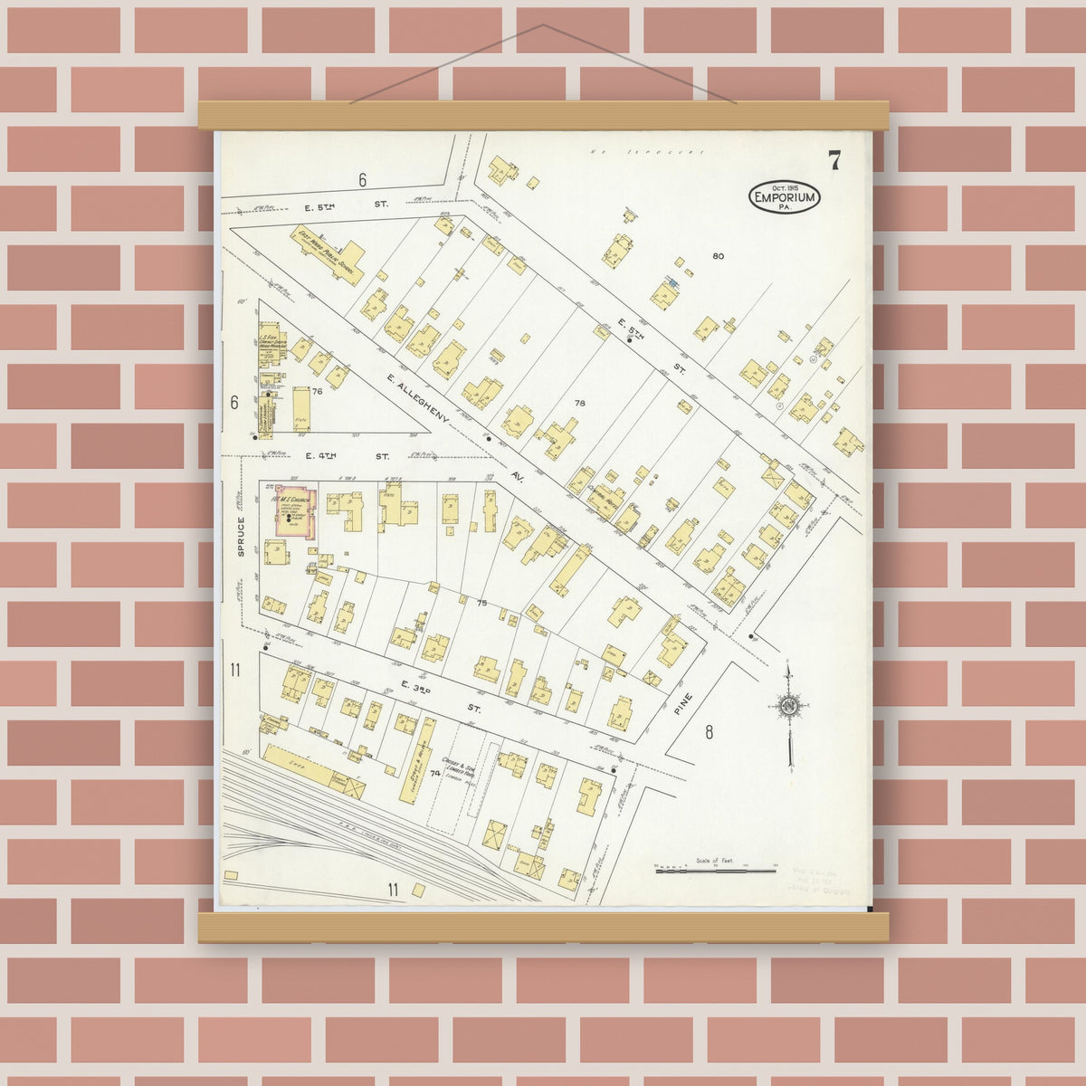 Old map wall art mockup — magnetic wood frame on brick wall — Sanborn Fire Insurance Map from Emporium, Cameron County, Pennsylvania (1915), Sheet #0007