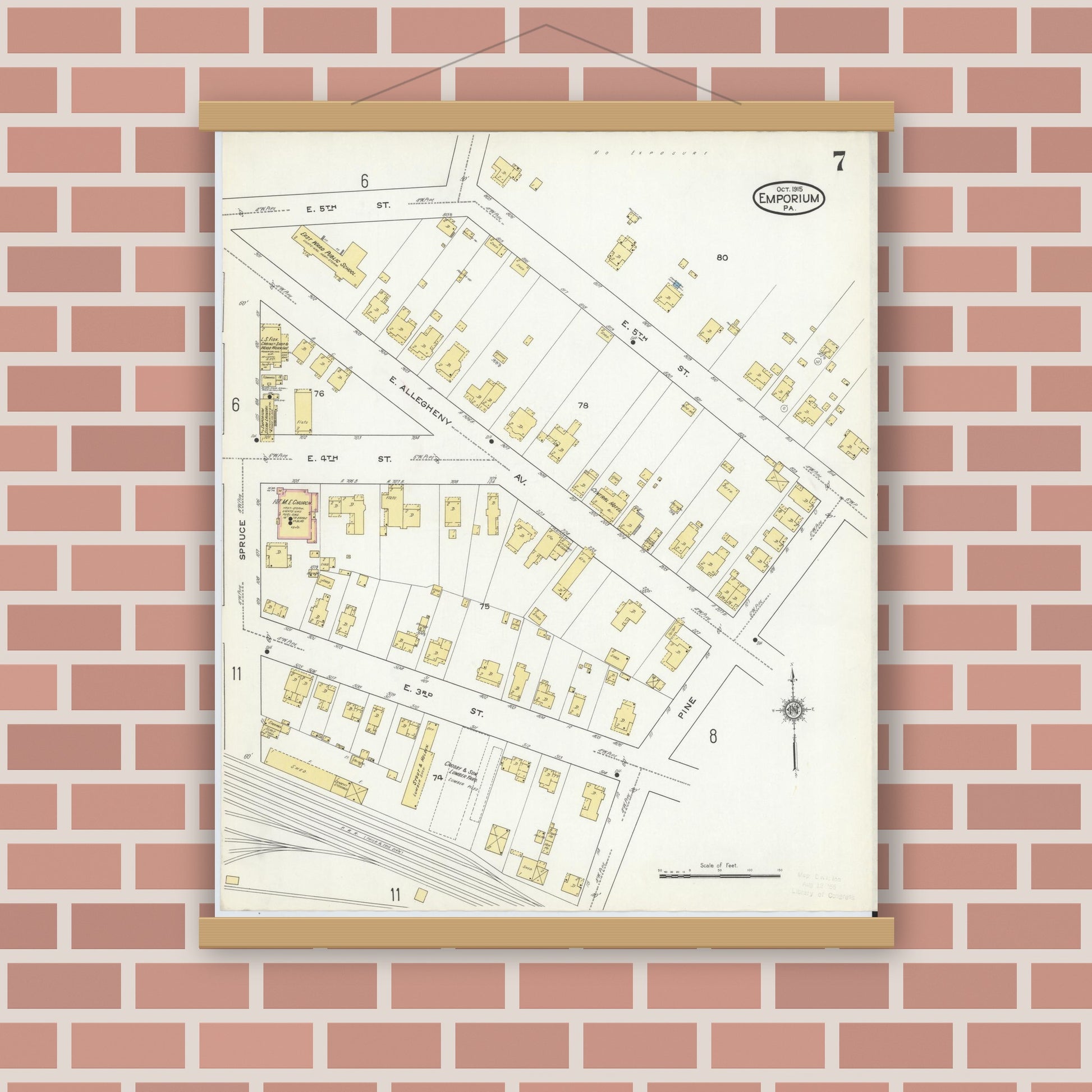 Old map wall art mockup — magnetic wood frame on brick wall — Sanborn Fire Insurance Map from Emporium, Cameron County, Pennsylvania (1915), Sheet #0007