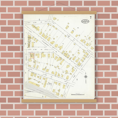 Old map wall art mockup — magnetic wood frame on brick wall — Sanborn Fire Insurance Map from Emporium, Cameron County, Pennsylvania (1915), Sheet #0007