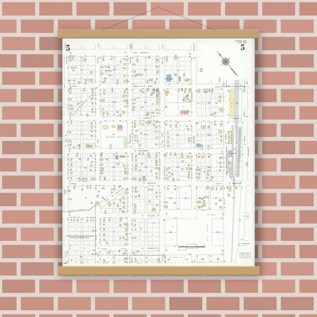 Old map wall art mockup — magnetic wood frame on brick wall — Sanborn Fire Insurance Map from Mathis, San Patricio County, Texas (1950), Sheet #0005