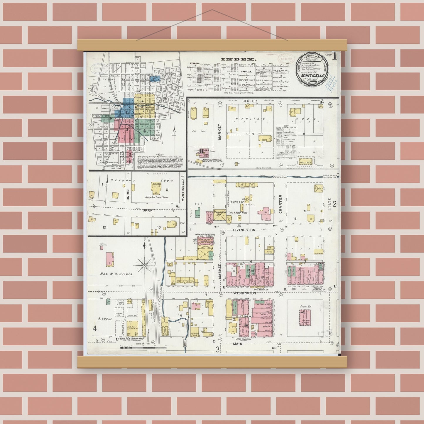 Old map wall art mockup — magnetic wood frame on brick wall — Sanborn Fire Insurance Map from Monticello, Piatt County, Illinois (1899), Sheet #0001