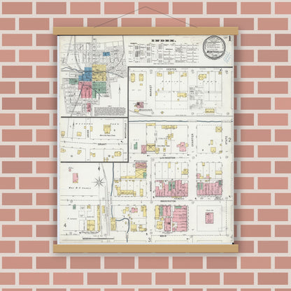 Old map wall art mockup — magnetic wood frame on brick wall — Sanborn Fire Insurance Map from Monticello, Piatt County, Illinois (1899), Sheet #0001