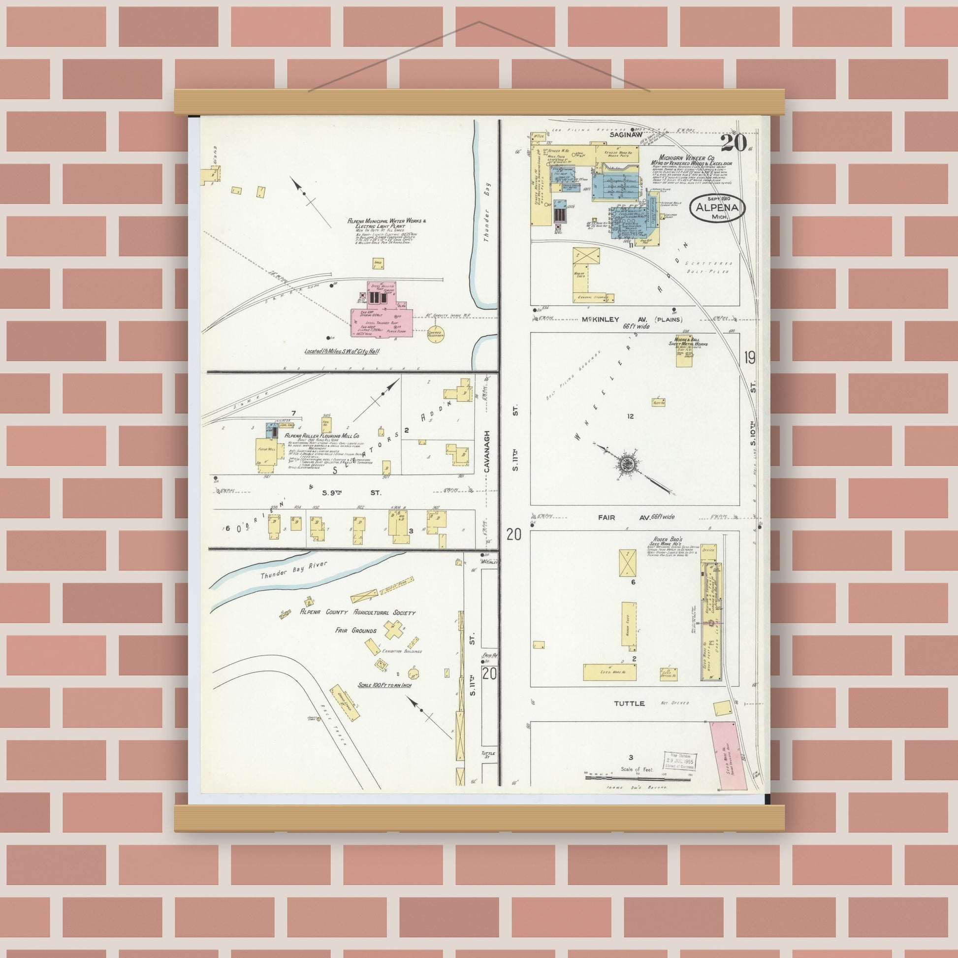 Old map wall art mockup — magnetic wood frame on brick wall — Sanborn Fire Insurance Map from Alpena, Alpena County, Michigan (1910), Sheet #0020