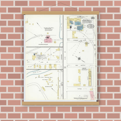 Old map wall art mockup — magnetic wood frame on brick wall — Sanborn Fire Insurance Map from Alpena, Alpena County, Michigan (1910), Sheet #0020