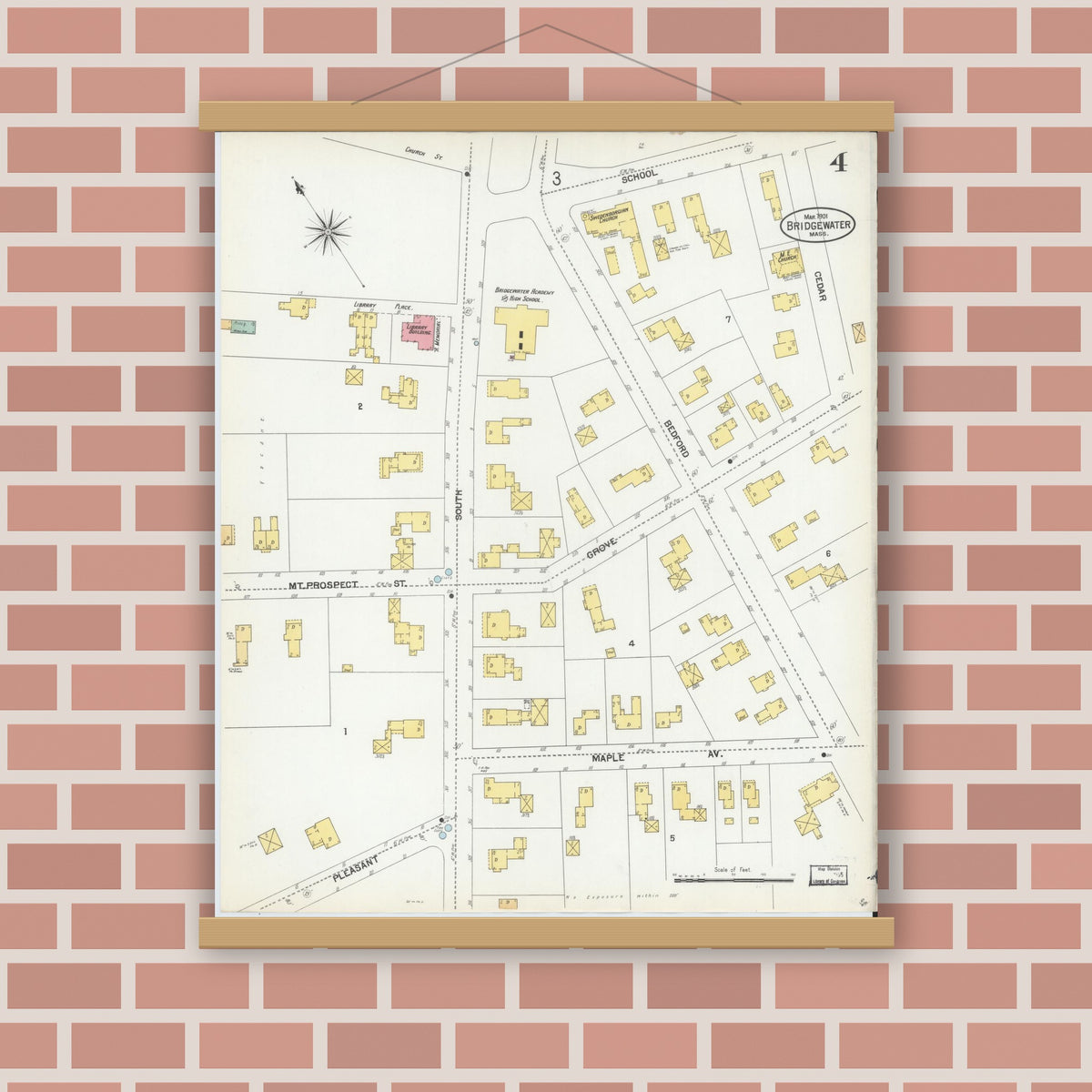 Old map wall art mockup — magnetic wood frame on brick wall — Sanborn Fire Insurance Map from Bridgewater, Plymouth County, Massachusetts (1901), Sheet #0004