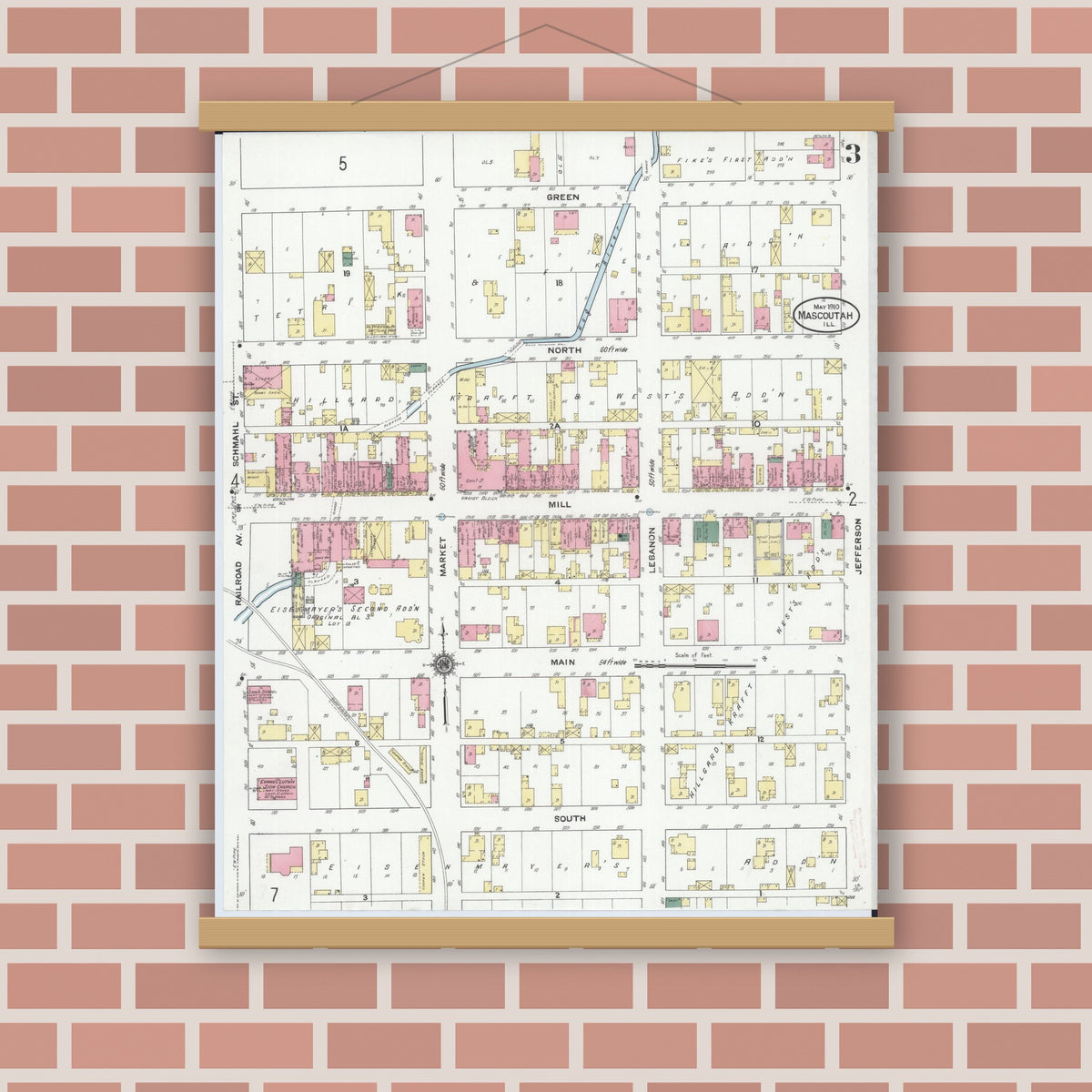 Old map wall art mockup — magnetic wood frame on brick wall — Sanborn Fire Insurance Map from Mascoutah, Saint Clair County, Illinois (1910), Sheet #0003