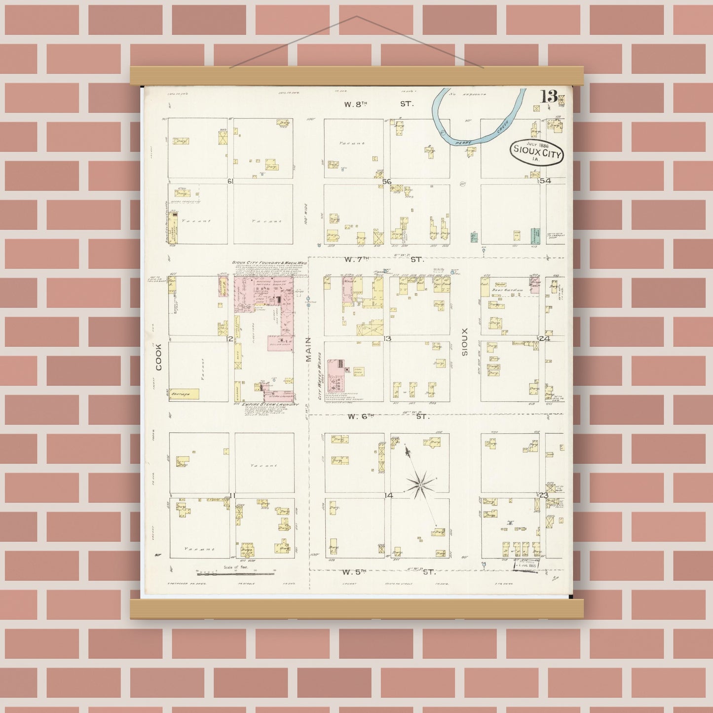 Old map wall art mockup — magnetic wood frame on brick wall — Sanborn Fire Insurance Map from Sioux City, Woodbury County, Iowa (1886), Sheet #0013