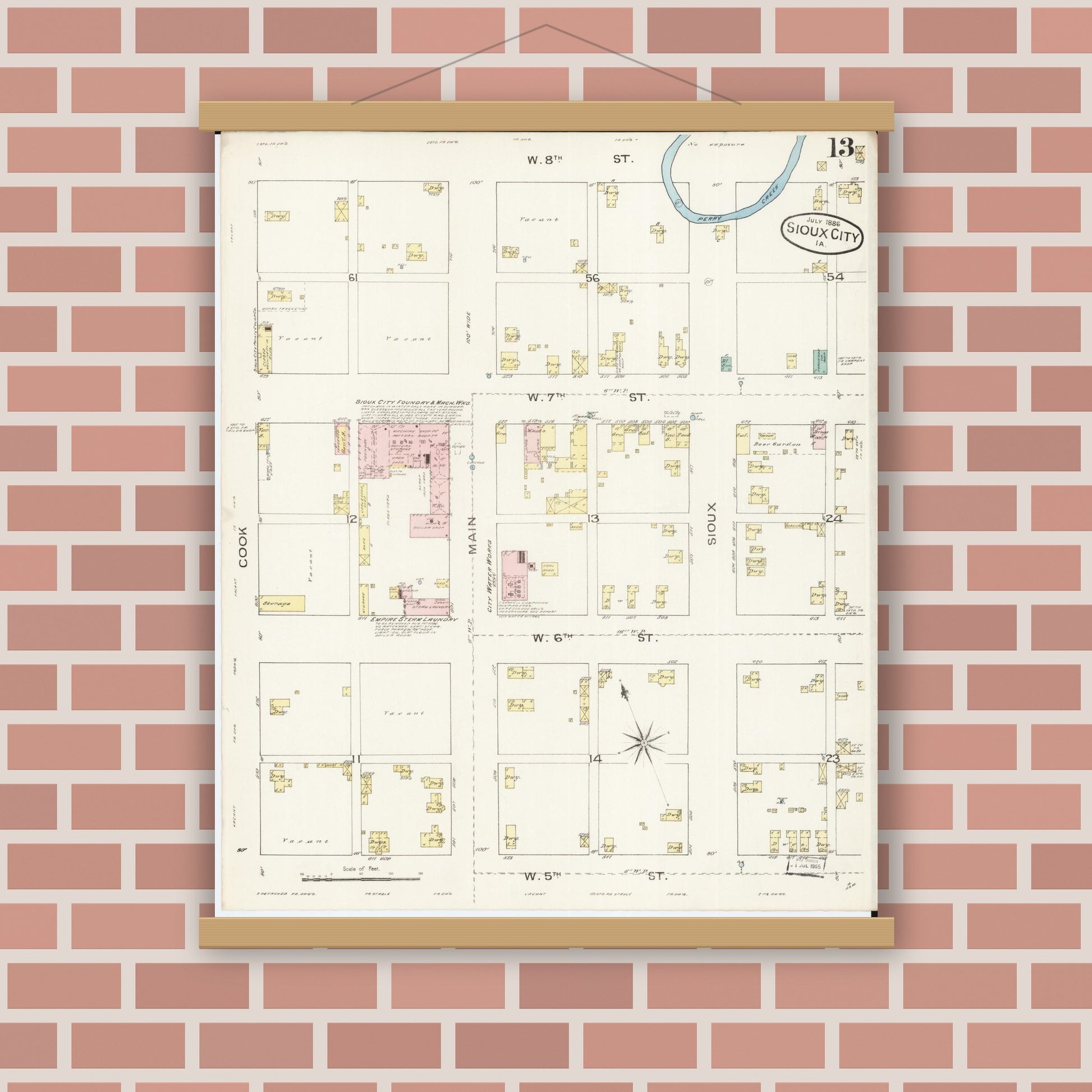 Old map wall art mockup — magnetic wood frame on brick wall — Sanborn Fire Insurance Map from Sioux City, Woodbury County, Iowa (1886), Sheet #0013