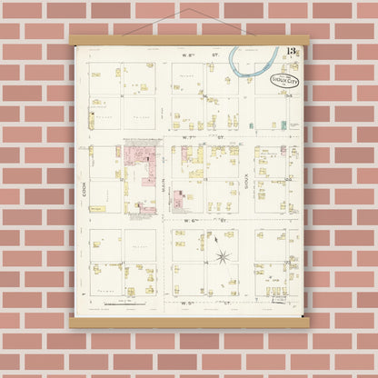 Old map wall art mockup — magnetic wood frame on brick wall — Sanborn Fire Insurance Map from Sioux City, Woodbury County, Iowa (1886), Sheet #0013