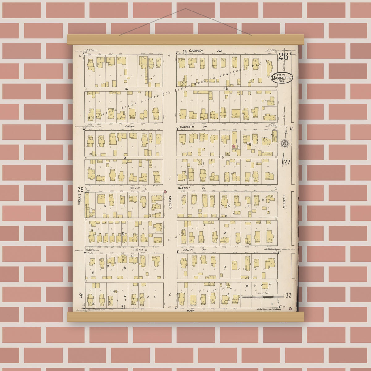 Old map wall art mockup — magnetic wood frame on brick wall — Sanborn Fire Insurance Map from Marinette, Marinette County, Wisconsin (1921), Sheet #0026