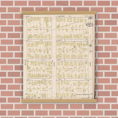 Old map wall art mockup — magnetic wood frame on brick wall — Sanborn Fire Insurance Map from Marinette, Marinette County, Wisconsin (1921), Sheet #0026