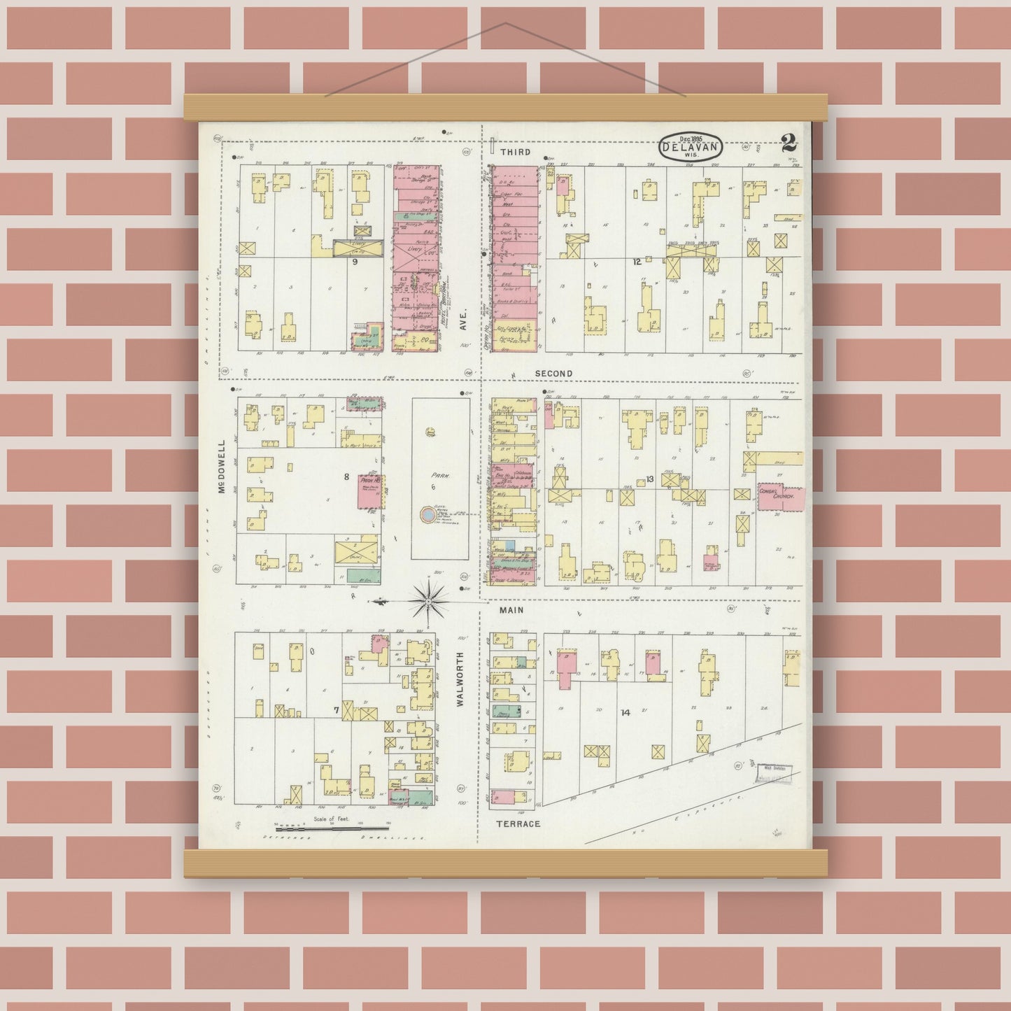 Old map wall art mockup — magnetic wood frame on brick wall — Sanborn Fire Insurance Map from Delavan, Walworth County, Wisconsin (1895), Sheet #0002