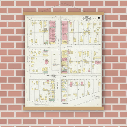 Old map wall art mockup — magnetic wood frame on brick wall — Sanborn Fire Insurance Map from Delavan, Walworth County, Wisconsin (1895), Sheet #0002