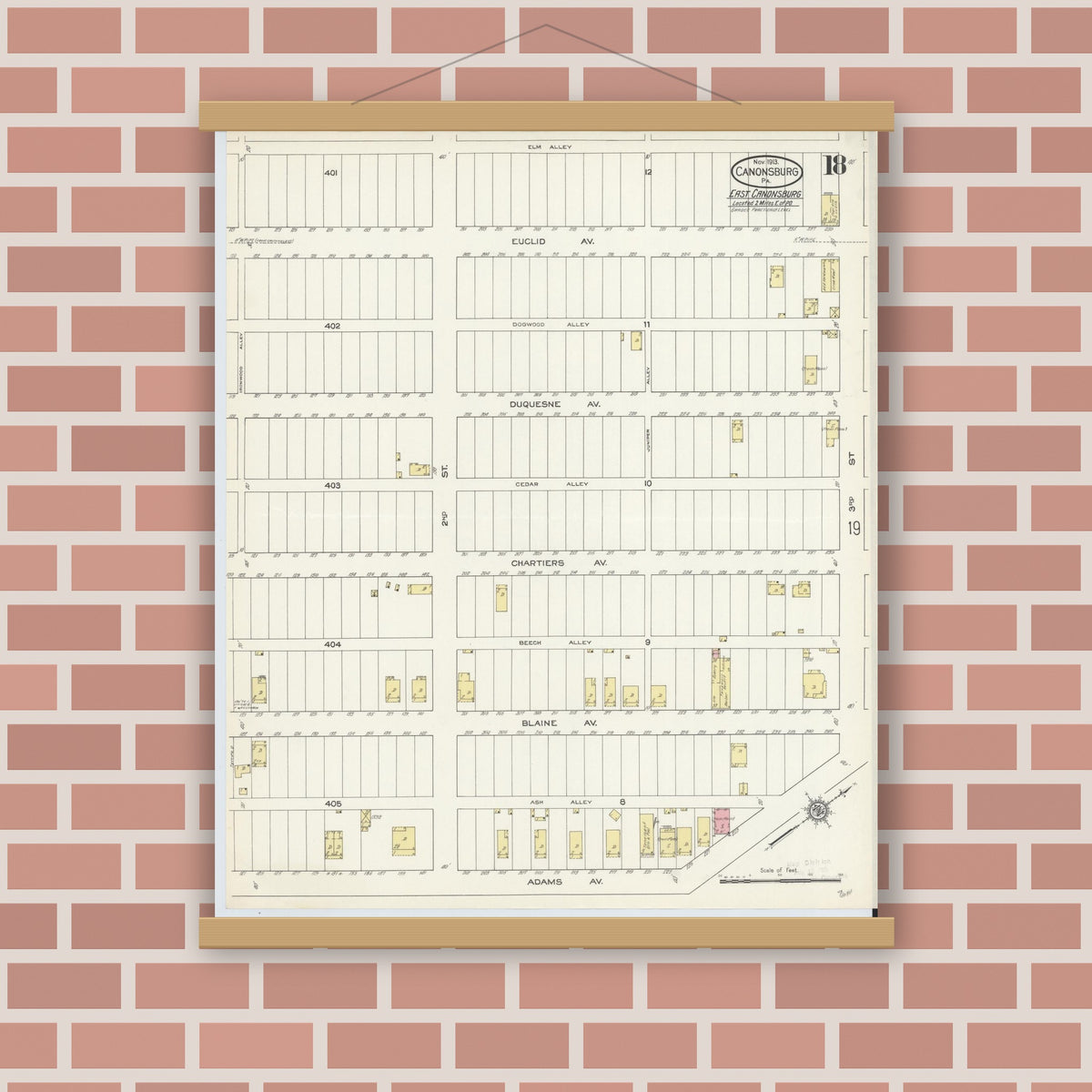 Old map wall art mockup — magnetic wood frame on brick wall — Sanborn Fire Insurance Map from Canonsburg, Washington County, Pennsylvania (1913), Sheet #0018