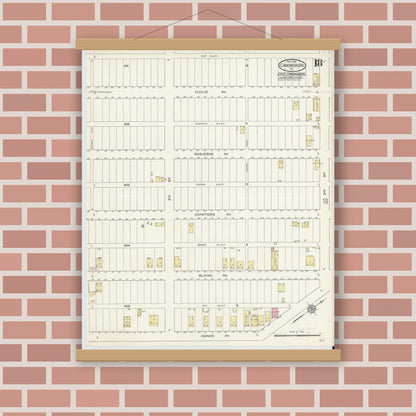 Old map wall art mockup — magnetic wood frame on brick wall — Sanborn Fire Insurance Map from Canonsburg, Washington County, Pennsylvania (1913), Sheet #0018