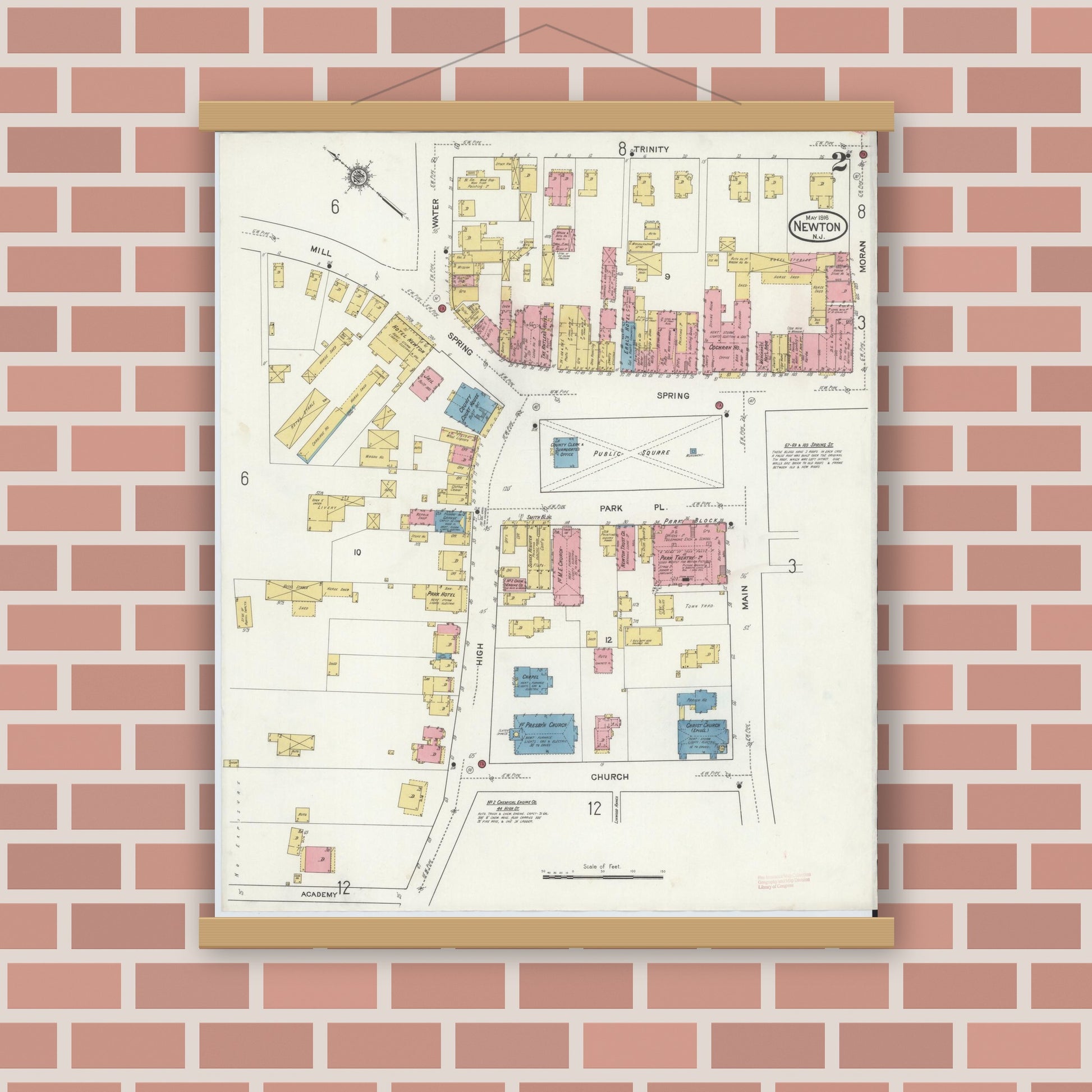 Old map wall art mockup — magnetic wood frame on brick wall — Sanborn Fire Insurance Map from Newton, Sussex County, New Jersey (1916), Sheet #0002